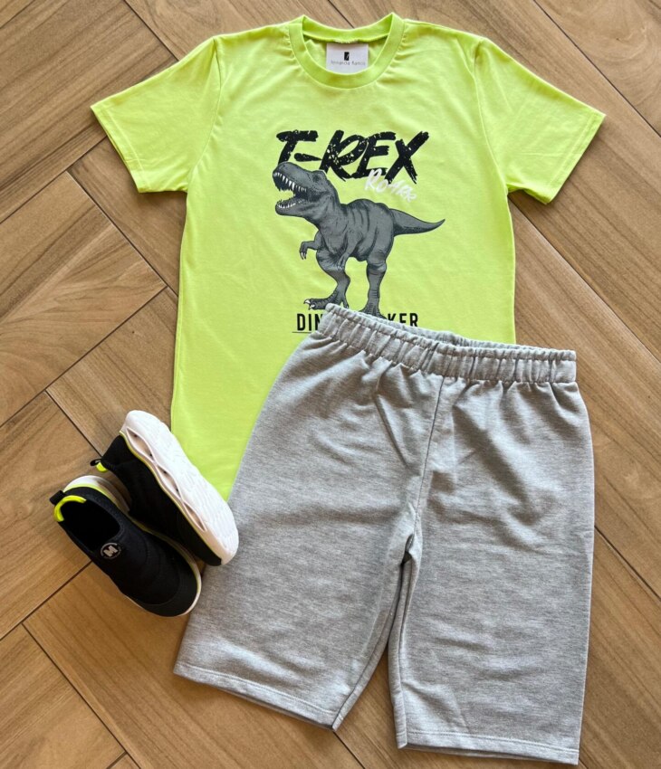 Conjunto Infantil Masculino Camiseta e Bermuda Tiranossauro Verde Fernanda Ramos Kids