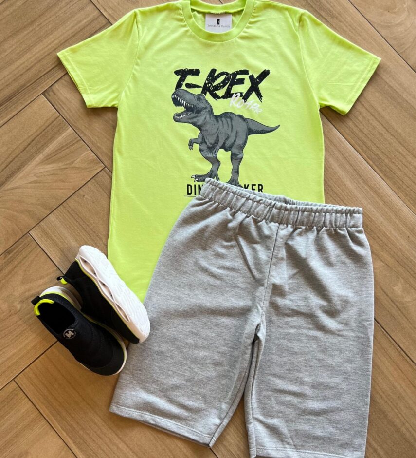 Conjunto Infantil Masculino Camiseta e Bermuda Tiranossauro Verde Fernanda Ramos Kids