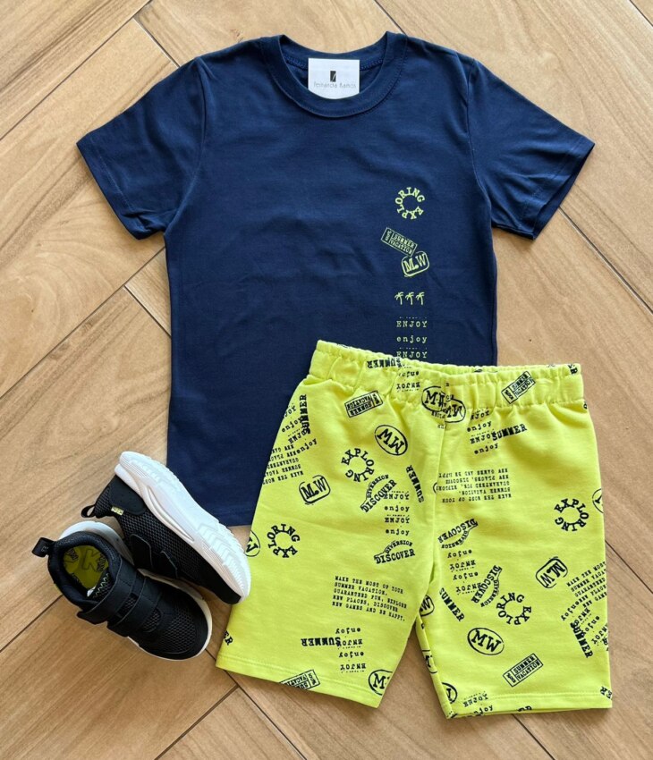 Conjunto Infantil Masculino Camiseta Engoy e Bermuda Estampada Verde Fernanda Ramos Kids