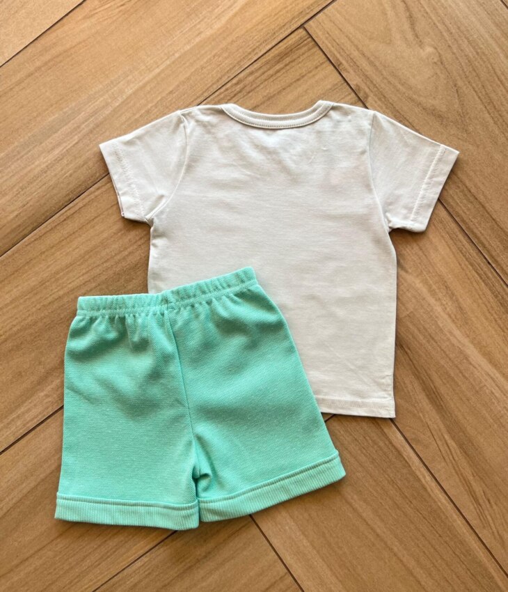 Conjunto Infantil Masculino Camiseta Hi Litle Boy e Bermuda Verde Fernada Ramos Kids