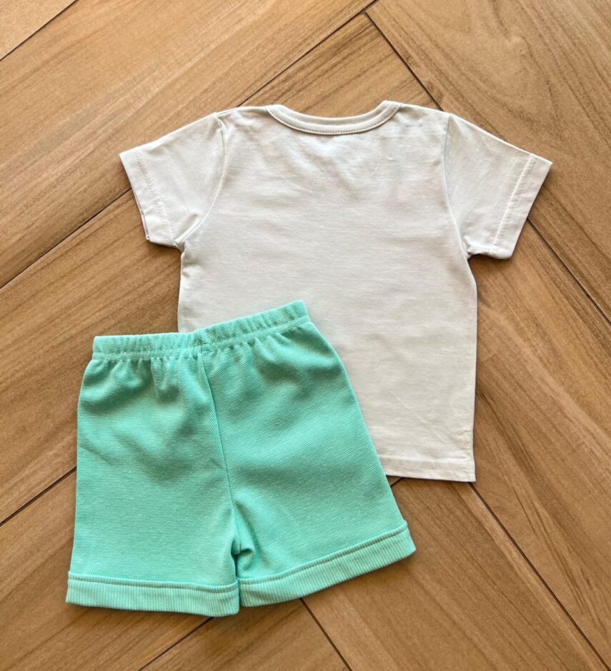 Conjunto Infantil Masculino Camiseta Hi Litle Boy e Bermuda Verde Fernada Ramos Kids