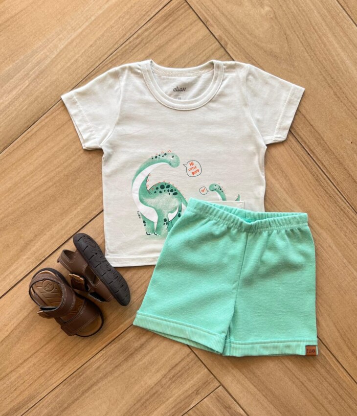 Conjunto Infantil Masculino Camiseta Hi Litle Boy e Bermuda Verde Fernada Ramos Kids
