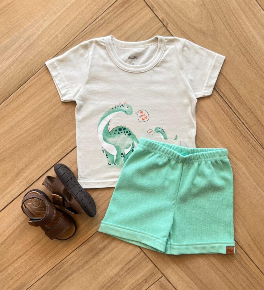 Conjunto Infantil Masculino Camiseta Hi Litle Boy e Bermuda Verde Fernada Ramos Kids