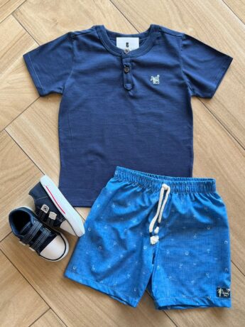 Conjunto Infantil Masculino Camiseta Malha e Bermuda Estampada Azul Fernanda Ramos Kids