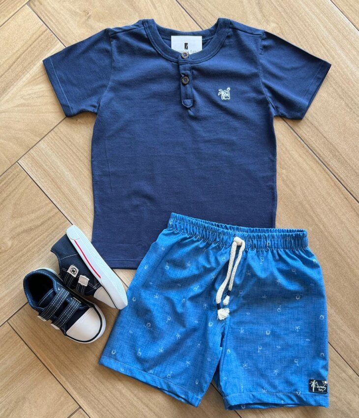 Conjunto Infantil Masculino Camiseta Malha e Bermuda Estampada Azul Fernanda Ramos Kids