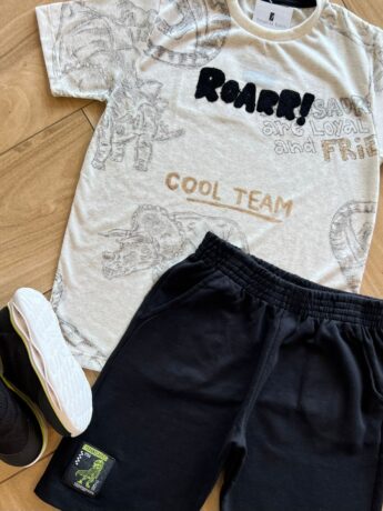 fernandaramoskids com br Conjunto Infantil Masculino Camiseta Roarr e Bermuda Preta1