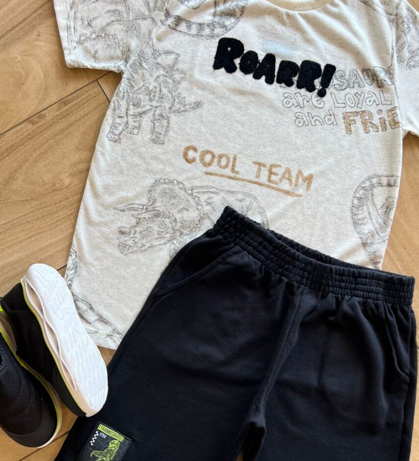 fernandaramoskids com br Conjunto Infantil Masculino Camiseta Roarr e Bermuda Preta1
