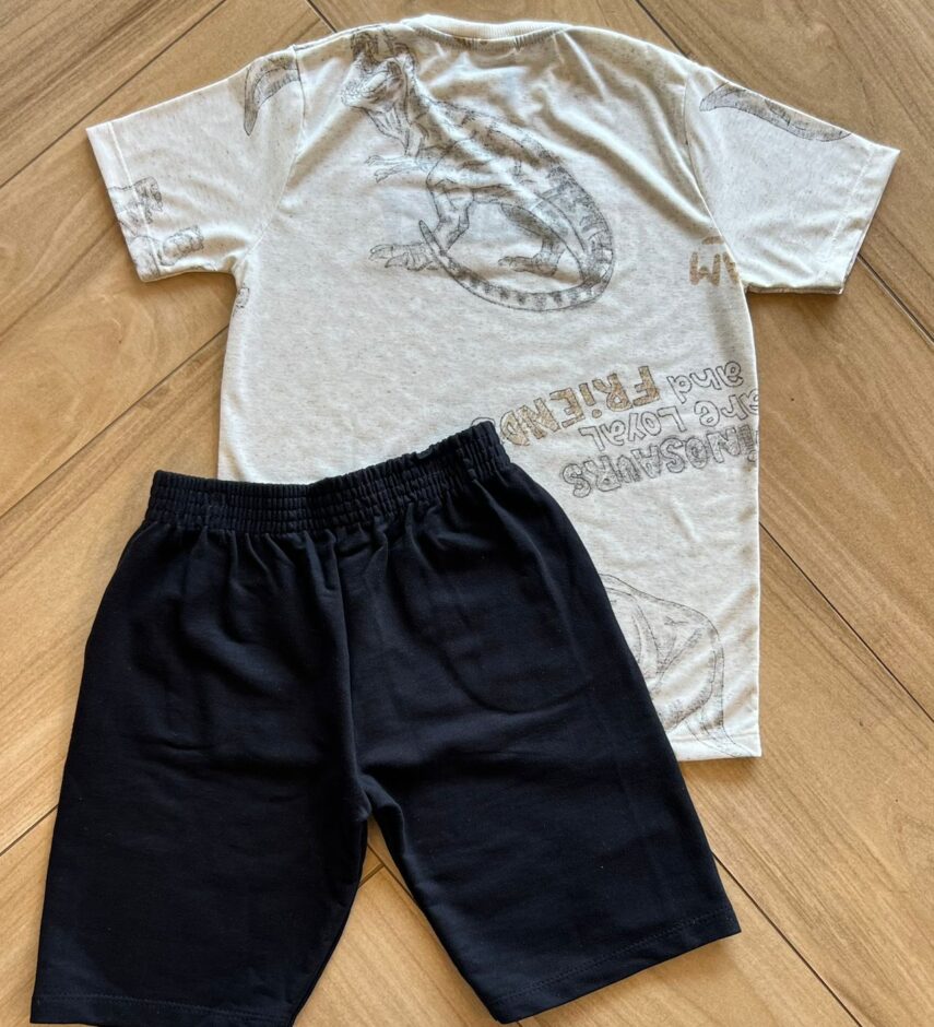 fernandaramoskids com br Conjunto Infantil Masculino Camiseta Roarr e Bermuda Preta2