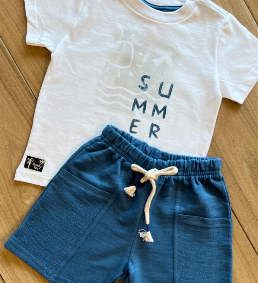 fernandaramoskids com br Conjunto Infantil Masculino Camiseta Summer e Bermuda Azul 1