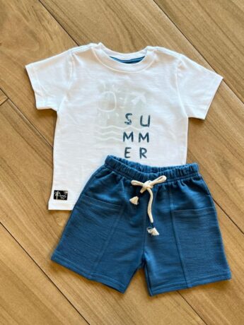 Conjunto Infantil Masculino Camiseta Summer e Bermuda Azul Fernanda Ramos Kids