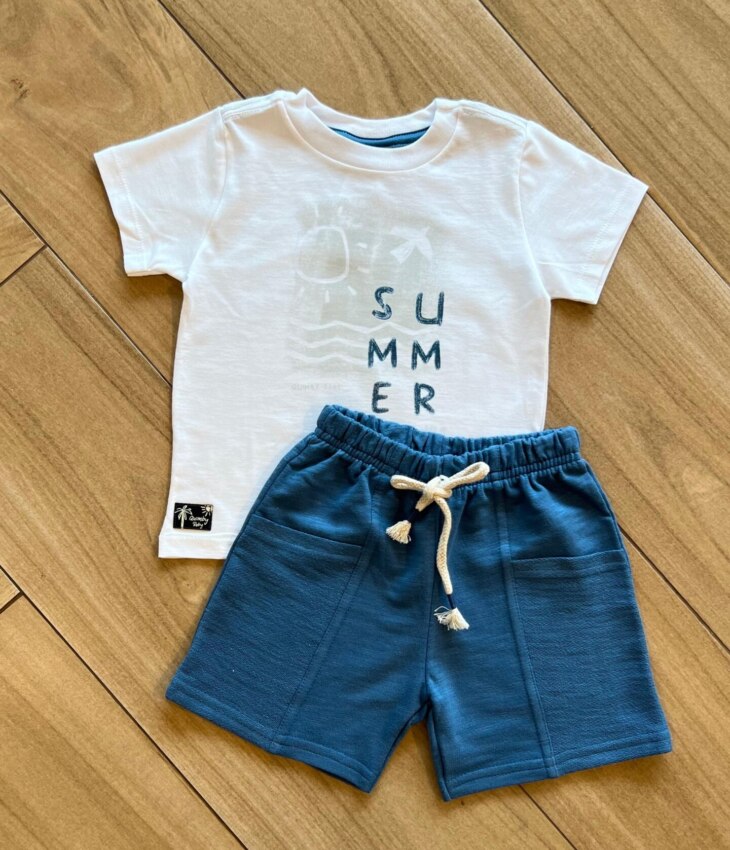Conjunto Infantil Masculino Camiseta Summer e Bermuda Azul Fernanda Ramos Kids
