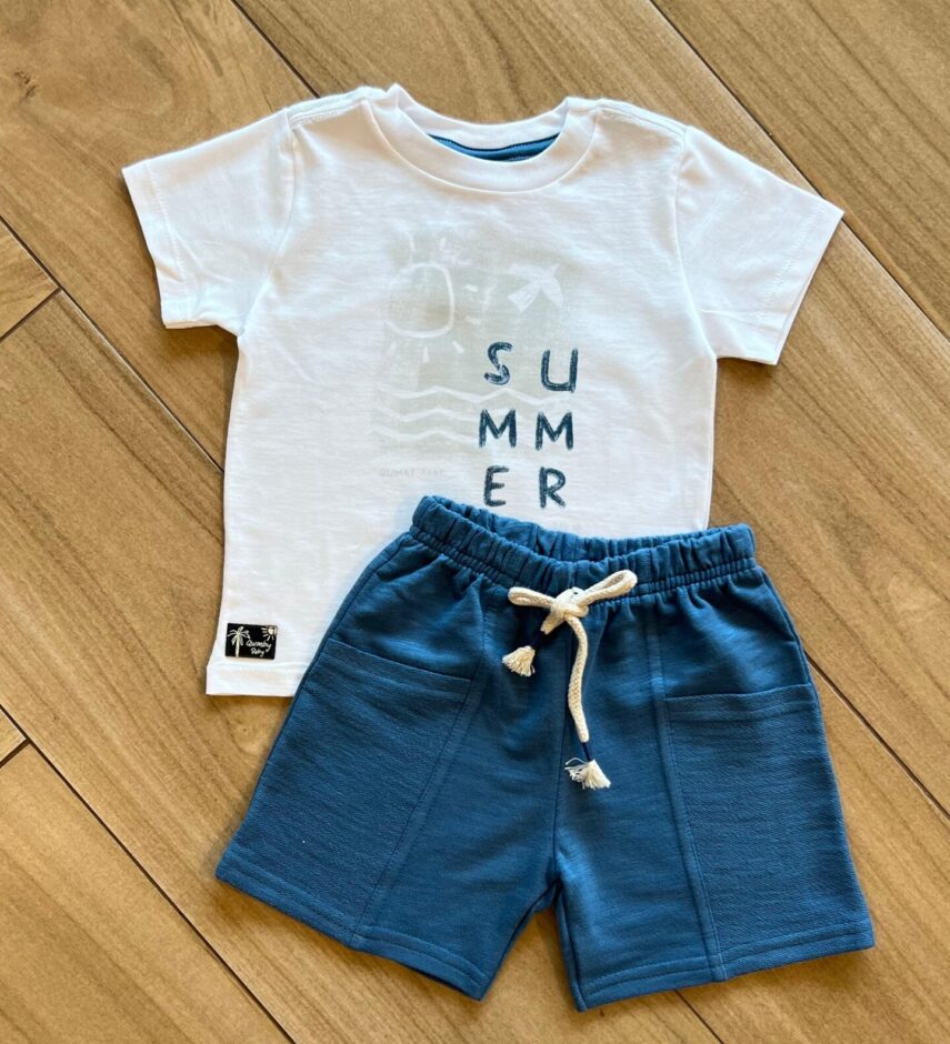 Conjunto Infantil Masculino Camiseta Summer e Bermuda Azul Fernanda Ramos Kids