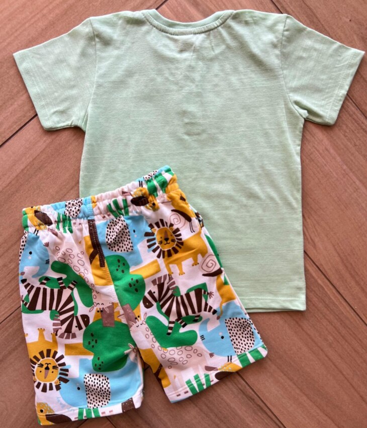 Conjunto Infantil Masculino Camiseta Verde e Bermuda Estampada Fernanda Ramos Kids