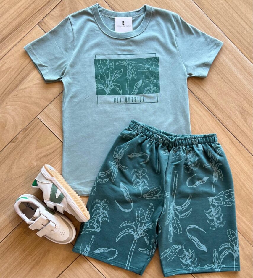Conjunto Infantil Masculino Get Outside Camiseta Bermuda Verde Fernanda Ramos Kids