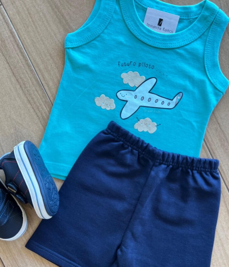 fernandaramoskids com br Conjunto Infantil Masculino Regata Avião e Bermuda Azul 1