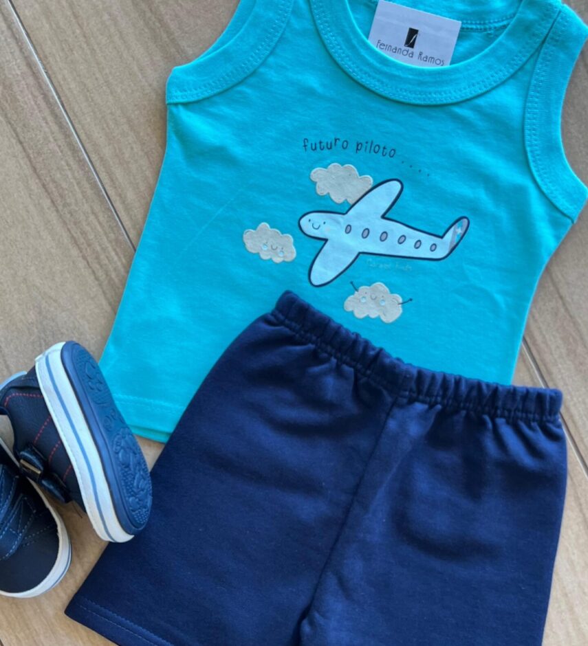 fernandaramoskids com br Conjunto Infantil Masculino Regata Avião e Bermuda Azul 1