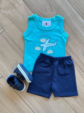 Conjunto Infantil Masculino Regata Avião e Bermuda Azul Fernanda Ramos Kids
