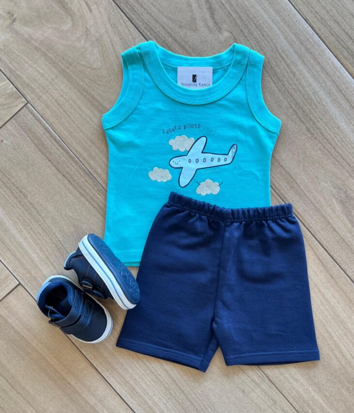 Conjunto Infantil Masculino Regata Avião e Bermuda Azul Fernanda Ramos Kids