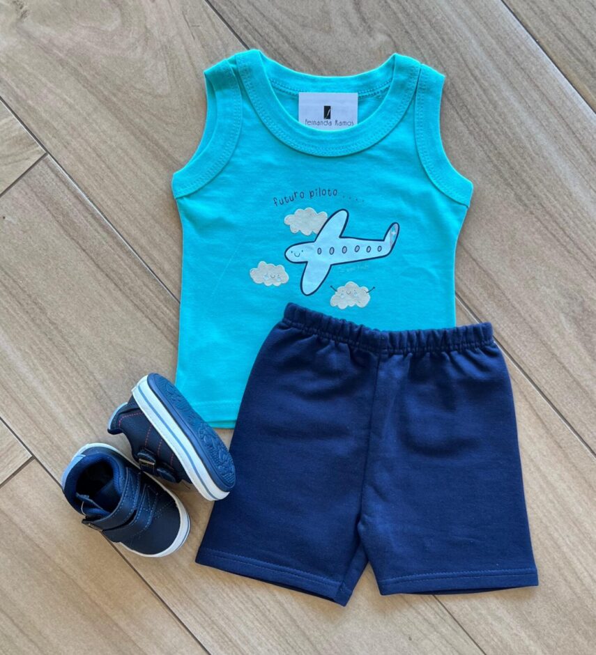 Conjunto Infantil Masculino Regata Avião e Bermuda Azul Fernanda Ramos Kids