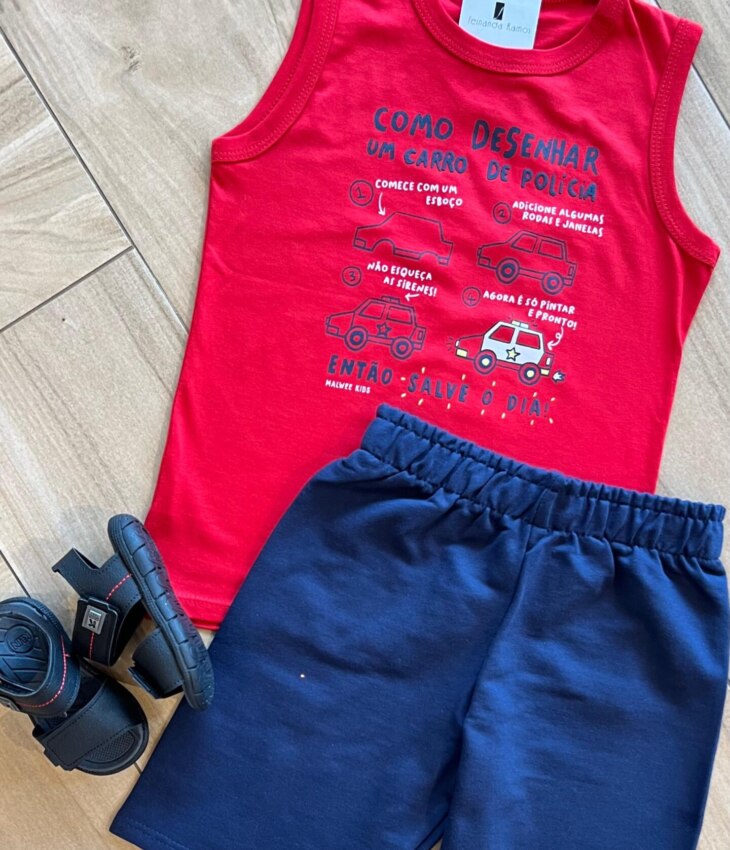 fernandaramoskids com br Conjunto Infantil Masculino Regata Como Desenhar e Bermuda Azul1