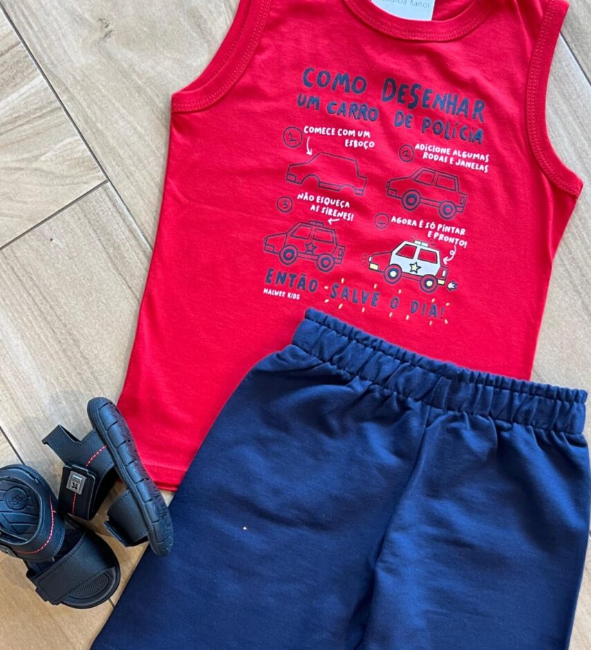 fernandaramoskids com br Conjunto Infantil Masculino Regata Como Desenhar e Bermuda Azul1