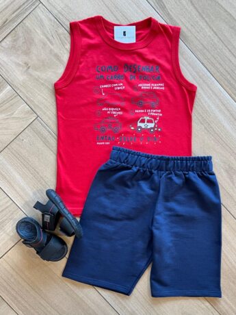 Conjunto Infantil Masculino Regata Como Desenhar e Bermuda Azul Fernanda Ramos Kids