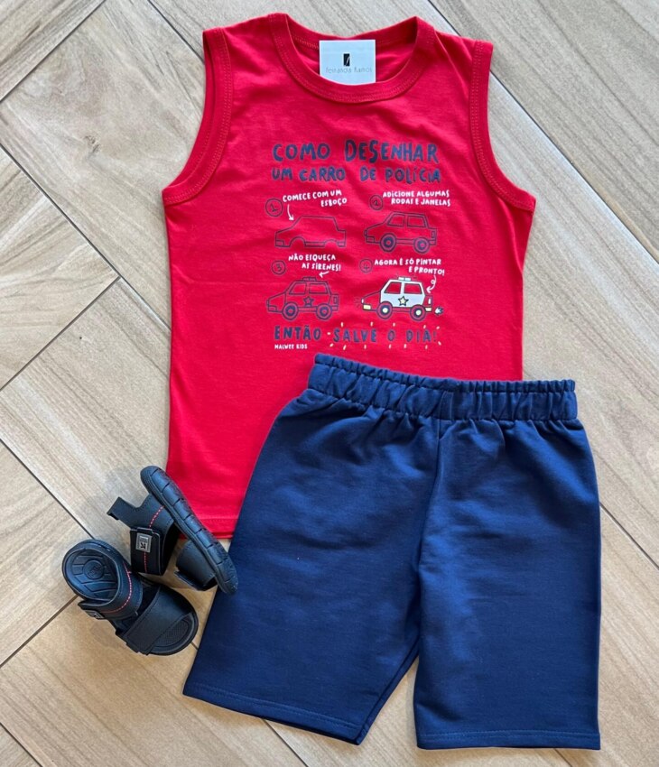 Conjunto Infantil Masculino Regata Como Desenhar e Bermuda Azul Fernanda Ramos Kids