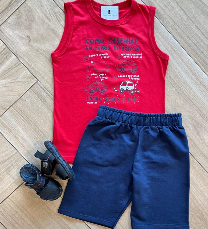 Conjunto Infantil Masculino Regata Como Desenhar e Bermuda Azul Fernanda Ramos Kids