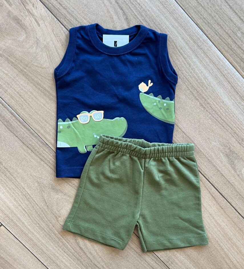 Conjunto Infantil Masculino Regata Crocodilo e Bermuda Verde Fernanda Ramos Kids