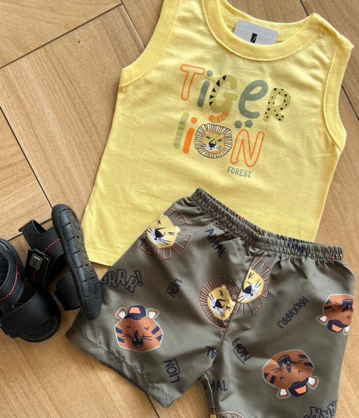 fernandaramoskids com br Conjunto Infantil Masculino Regata e Bermuda Safari Tigre 1