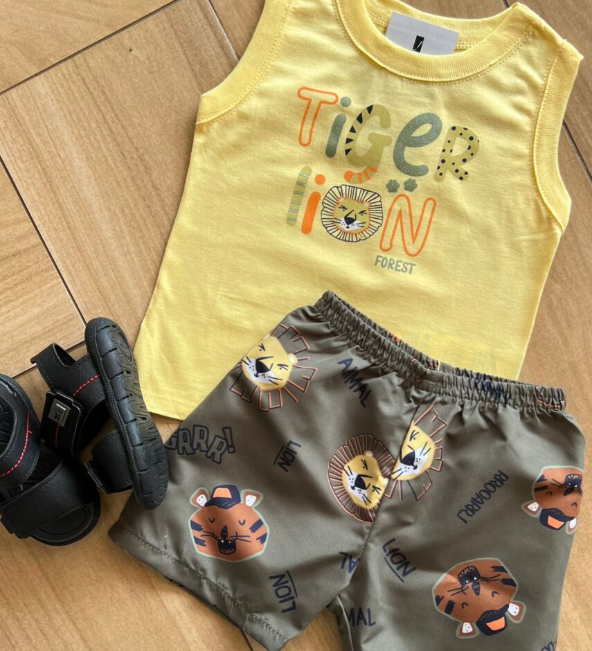 fernandaramoskids com br Conjunto Infantil Masculino Regata e Bermuda Safari Tigre 1