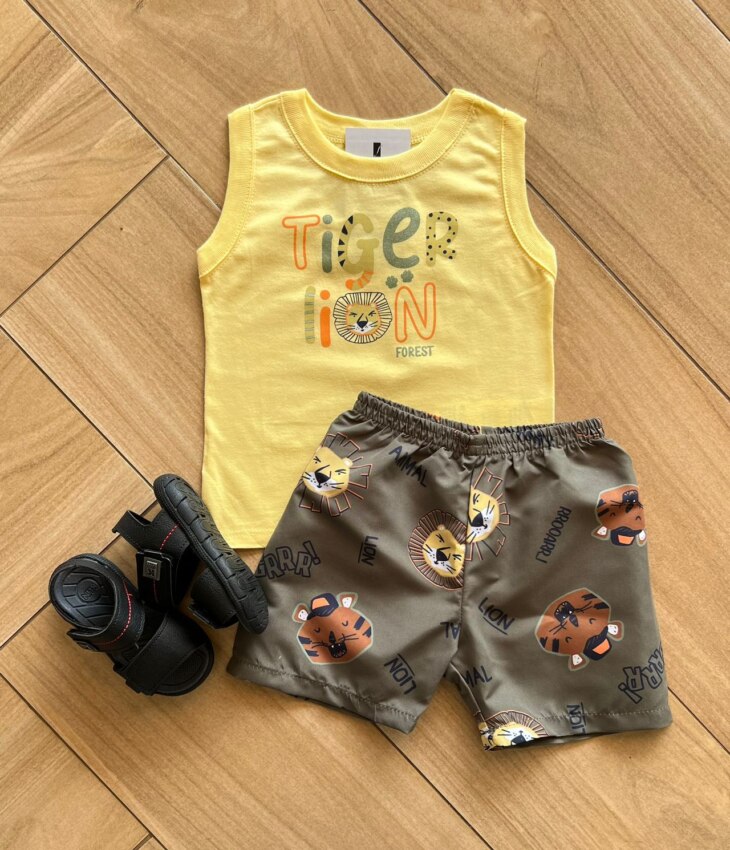 Conjunto Infantil Masculino Regata e Bermuda Safari Tigre Fernanda Ramos Kids