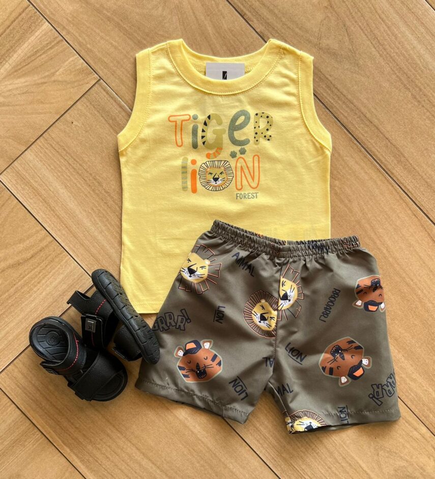 Conjunto Infantil Masculino Regata e Bermuda Safari Tigre Fernanda Ramos Kids