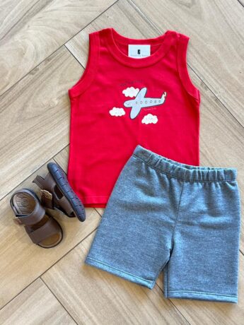 Conjunto Infantil Masculino Regata Futuro Piloto e Bermuda Cinza Fernanda Ramos Kids