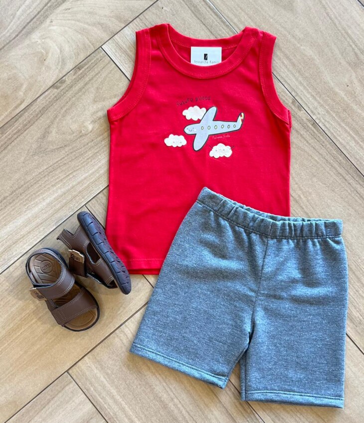 Conjunto Infantil Masculino Regata Futuro Piloto e Bermuda Cinza Fernanda Ramos Kids