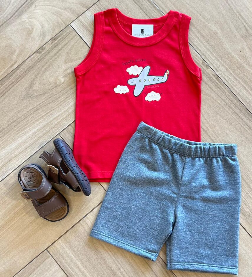 Conjunto Infantil Masculino Regata Futuro Piloto e Bermuda Cinza Fernanda Ramos Kids