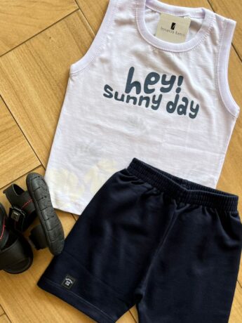 fernandaramoskids com br Conjunto Infantil Masculino Regata Hey Sunny Day e Bermuda Azul1