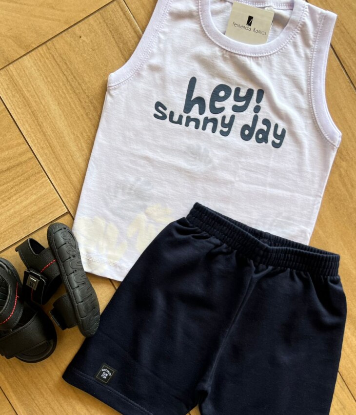 fernandaramoskids com br Conjunto Infantil Masculino Regata Hey Sunny Day e Bermuda Azul1