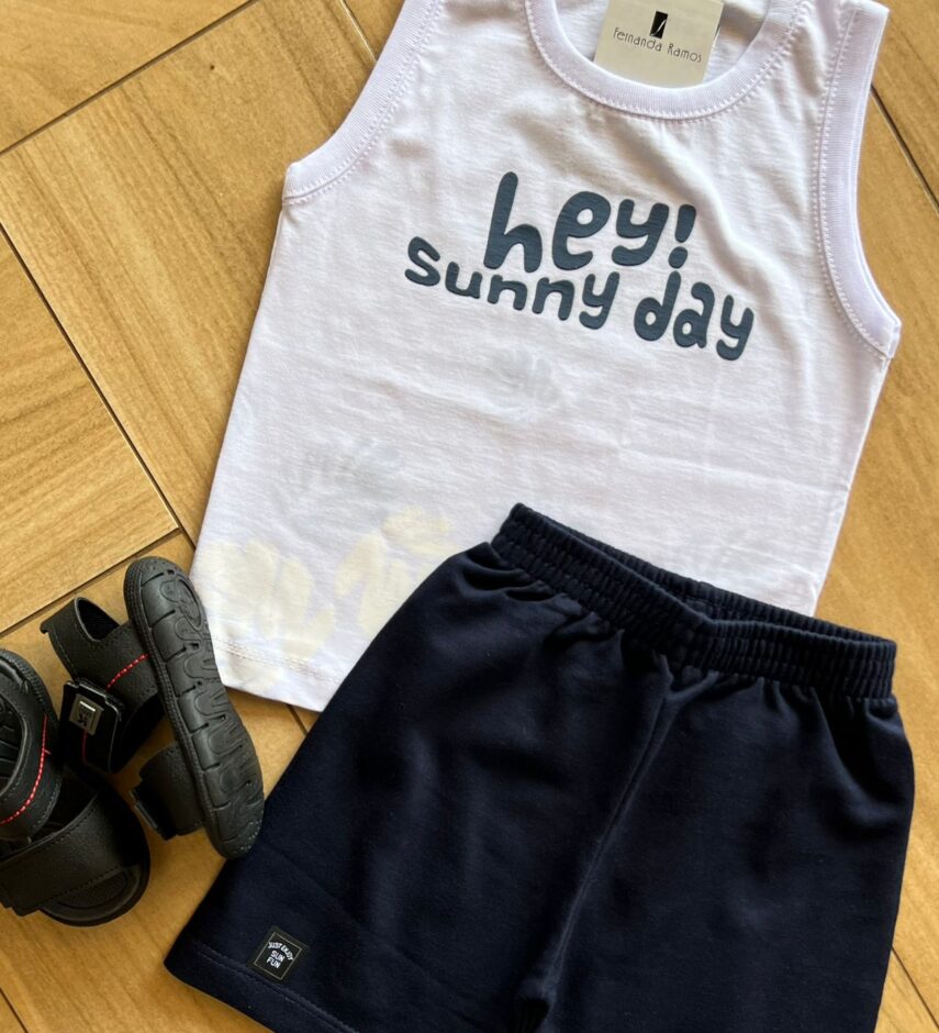 fernandaramoskids com br Conjunto Infantil Masculino Regata Hey Sunny Day e Bermuda Azul1