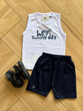 Conjunto Infantil Masculino Regata Hey Sunny Day e Bermuda Azul Fernanda Ramos Kids