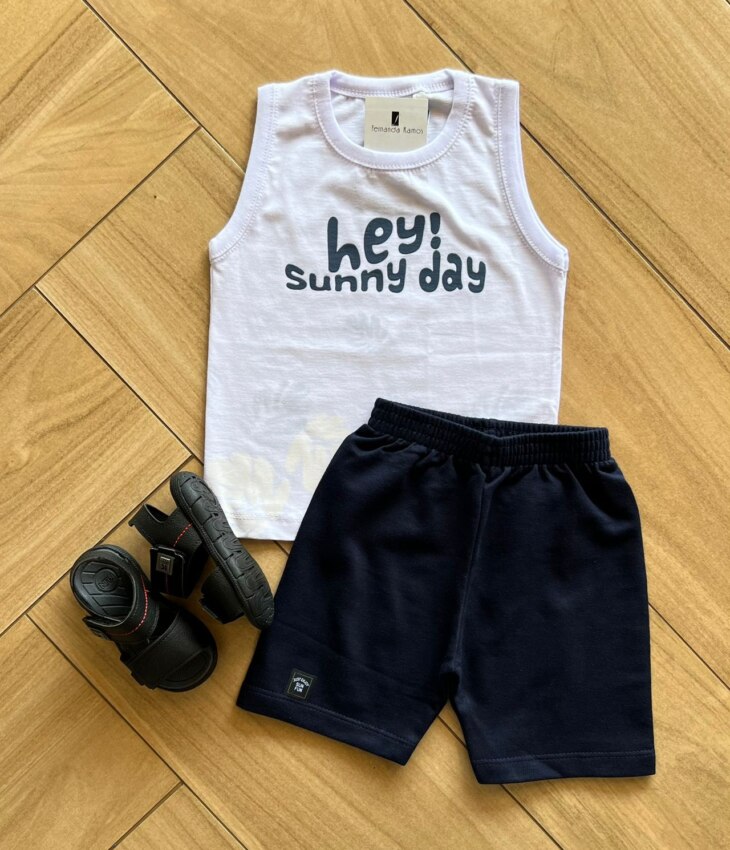 Conjunto Infantil Masculino Regata Hey Sunny Day e Bermuda Azul Fernanda Ramos Kids