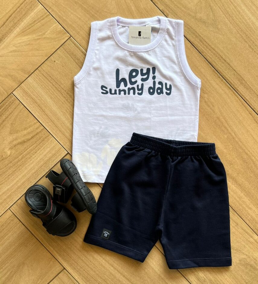 Conjunto Infantil Masculino Regata Hey Sunny Day e Bermuda Azul Fernanda Ramos Kids