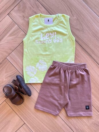 Conjunto Infantil Masculino Regata Hey Sunny e Bermuda Estampada Fernanda Ramos Kids