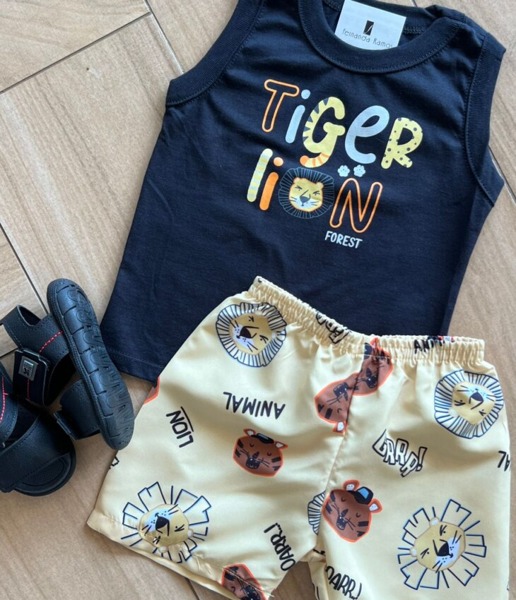 fernandaramoskids com br Conjunto Infantil Masculino Regata Preta e Bermuda Amarelo Safari 1