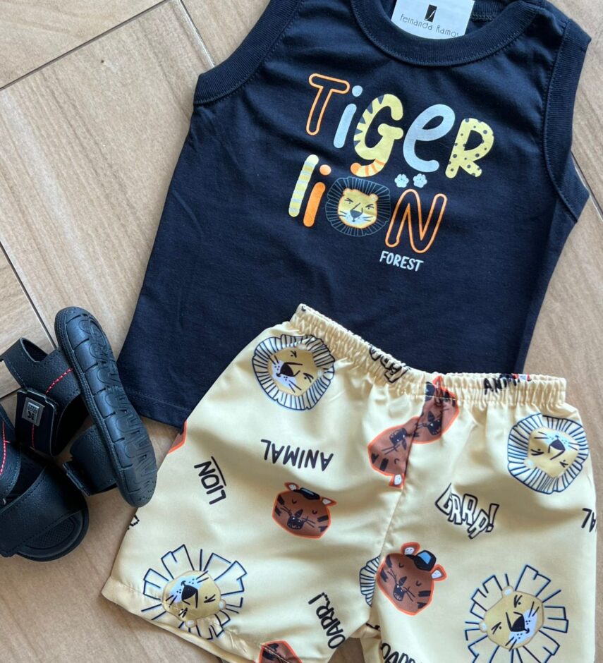 fernandaramoskids com br Conjunto Infantil Masculino Regata Preta e Bermuda Amarelo Safari 1