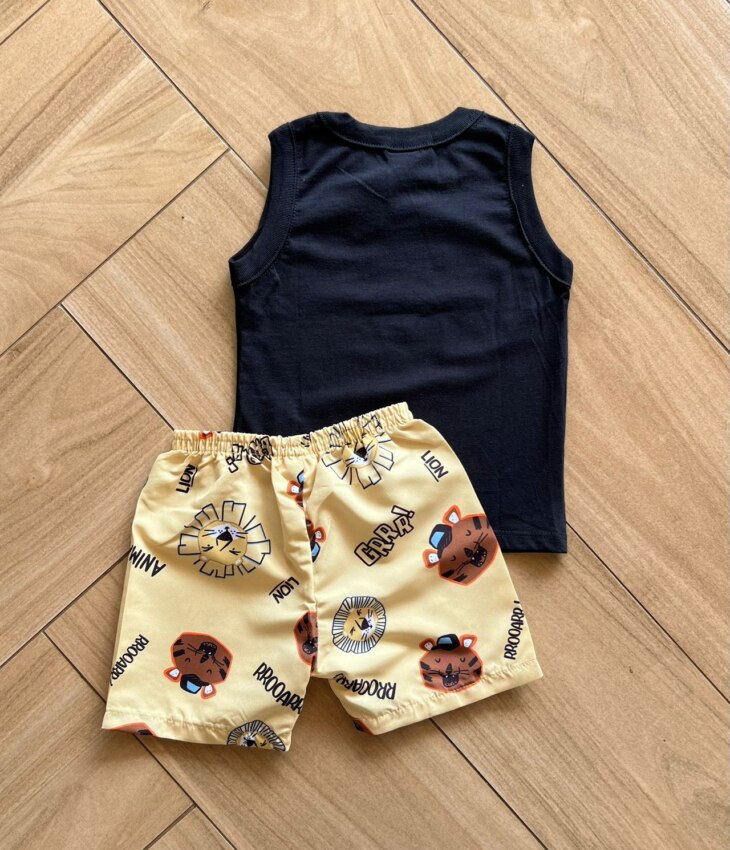 fernandaramoskids com br Conjunto Infantil Masculino Regata Preta e Bermuda Amarelo Safari 2