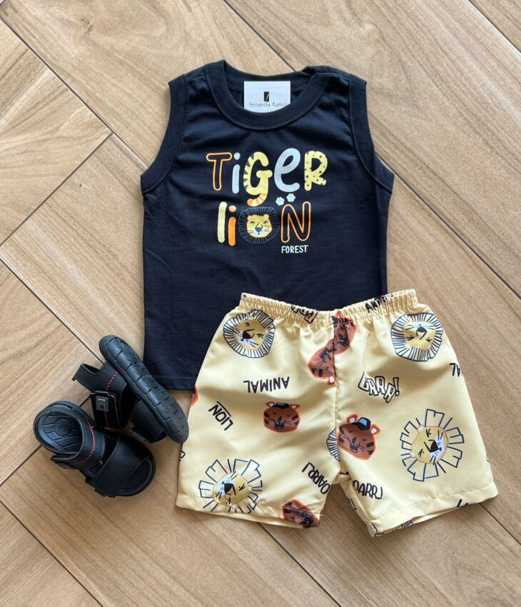 Conjunto Infantil Masculino Regata Preta e Bermuda Amarelo Safari Fernanda Ramos Kids