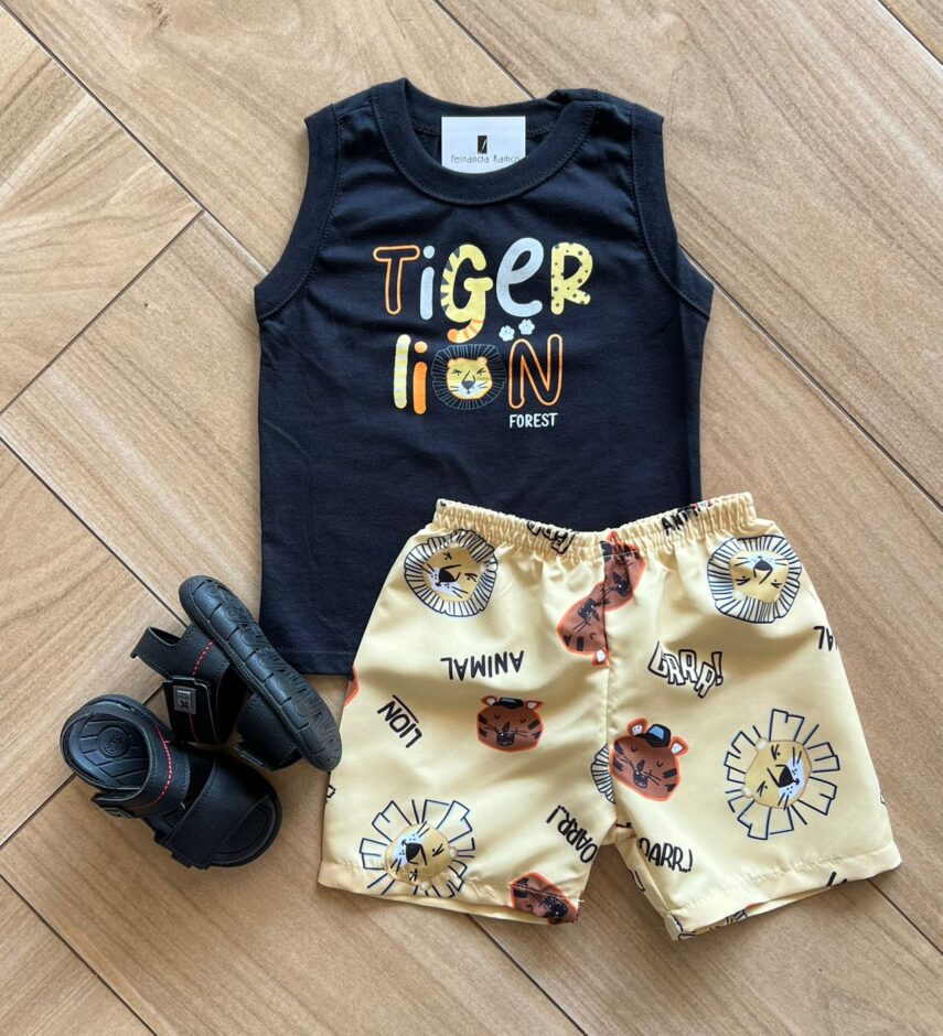 Conjunto Infantil Masculino Regata Preta e Bermuda Amarelo Safari Fernanda Ramos Kids