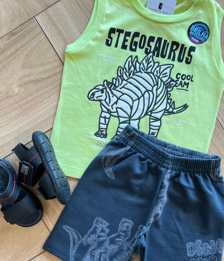 fernandaramoskids com br Conjunto Infantil Masculino Regata Stegosaurus e Bermuda Cinza1