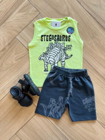 Conjunto Infantil Masculino Regata Stegosaurus e Bermuda Cinza Fernanda Ramos Kids